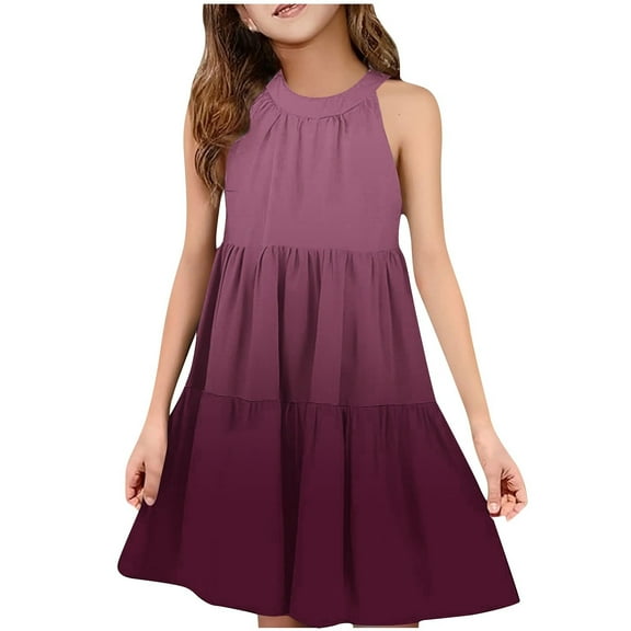 ZACPNCV Girls' Sleeveless Gradient Dress Summer Casual Sundress Skater Swing Twirly Halter Dress Purple 5-6 Years