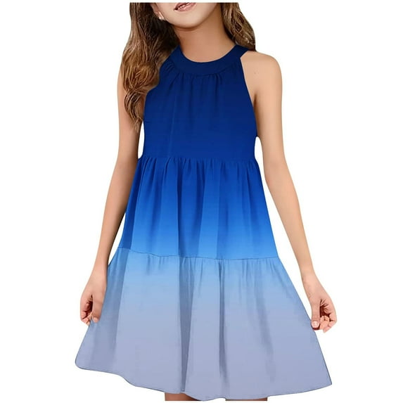 ZACPNCV Girls' Sleeveless Gradient Dress Summer Casual Sundress Skater Swing Twirly Halter Dress Sky Blue 11-12 Years
