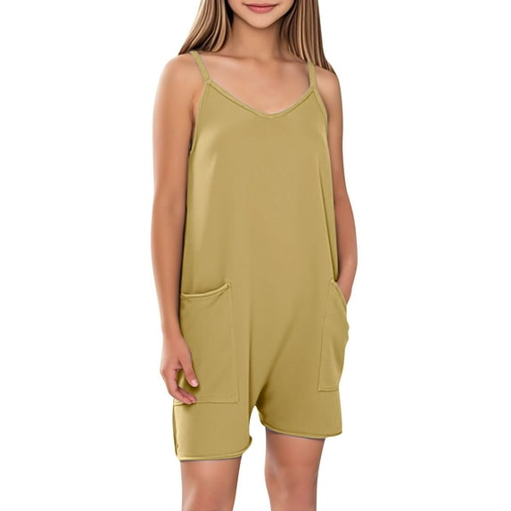 ZACPNCV Girls Sleeveless Jumpsuits V Neck Spaghetti Strap Romper Shorts with Pockets Casual Stretchy Short Overalls for Kids Beige 7-8 Years