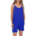 thumbnail image 1 of ZACPNCV Girls Sleeveless Jumpsuits V Neck Spaghetti Strap Romper Shorts with Pockets Casual Stretchy Short Overalls for Kids Blue 11-12 Years, 1 of 9