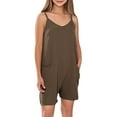 thumbnail image 1 of ZACPNCV Girls Sleeveless Jumpsuits V Neck Spaghetti Strap Romper Shorts with Pockets Casual Stretchy Short Overalls for Kids Brown 9-10 Years, 1 of 9