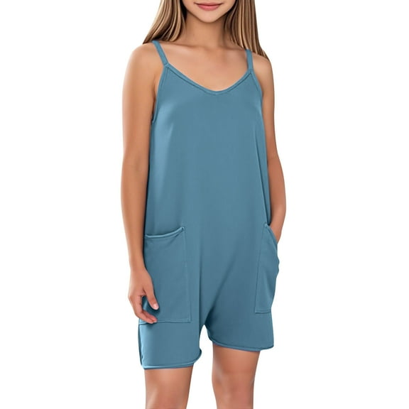 ZACPNCV Girls Sleeveless Jumpsuits V Neck Spaghetti Strap Romper Shorts with Pockets Casual Stretchy Short Overalls for Kids Light Blue 11-12 Years