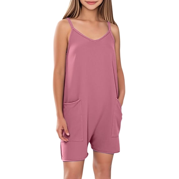 ZACPNCV Girls Sleeveless Jumpsuits V Neck Spaghetti Strap Romper Shorts with Pockets Casual Stretchy Short Overalls for Kids Pink 13-14 Years