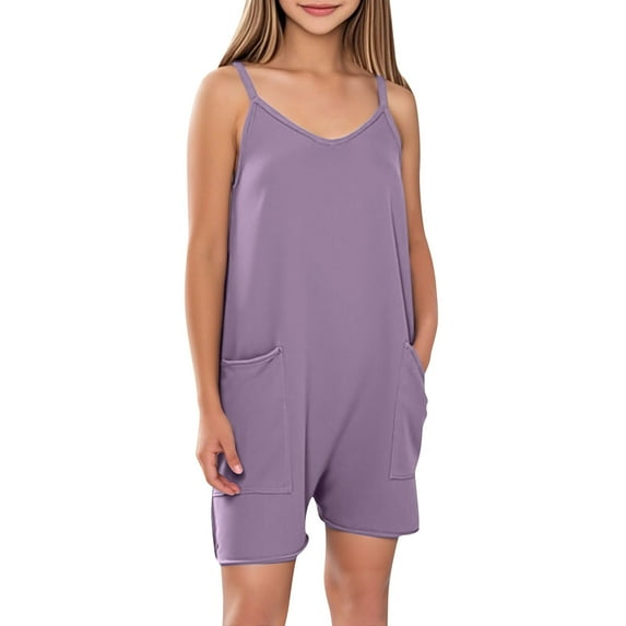 ZACPNCV Girls Sleeveless Jumpsuits V Neck Spaghetti Strap Romper Shorts with Pockets Casual Stretchy Short Overalls for Kids Purple 7-8 Years