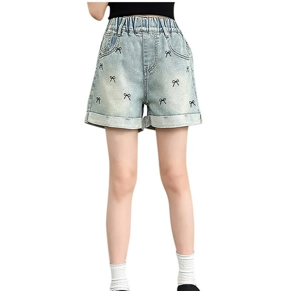 ZACPNCV Girls Slim-fit Denim Shorts Elastic High Waisted Jeans Casual Summer Ripped Roll Up Hem Skimmer Midi Shorts Pants Blue 7-9 Years
