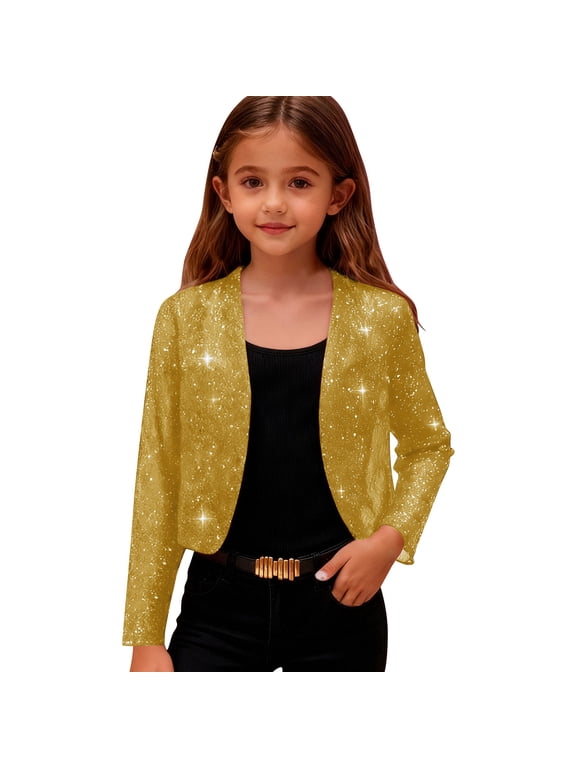 Girls Sparkle Glitter Open Front Bolero Jacket Collarless Long Sleeve Cropped Jacket Elegant Performance Cardigan for Dance Birthday A-Yellow