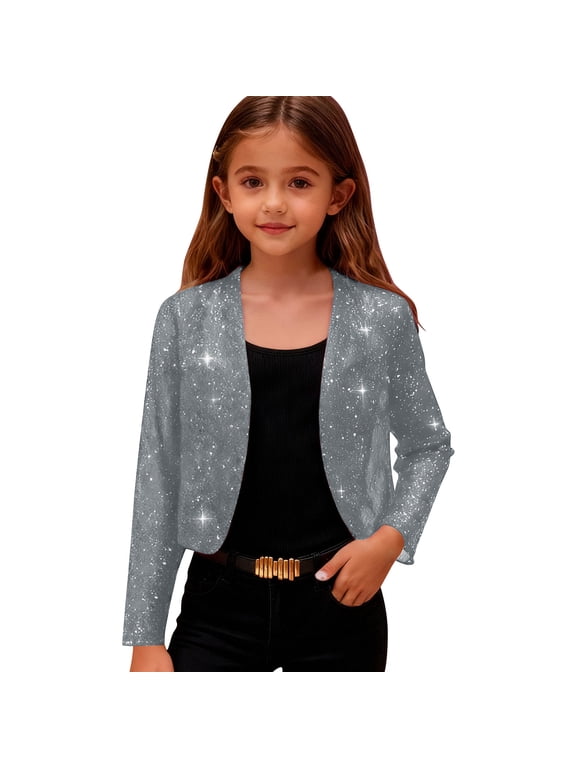 Girls Sparkle Glitter Open Front Bolero Jacket Collarless Long Sleeve Cropped Jacket Elegant Performance Cardigan for Dance Birthday C-Gray