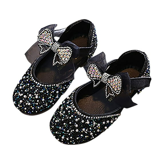 ZACPNCV Girls Sparkle Princess Dress Shoes Bow Wedding Party Flower Bridesmaids Mary Jane Ballet Flats for Kid Toddler Black 13-14 Years