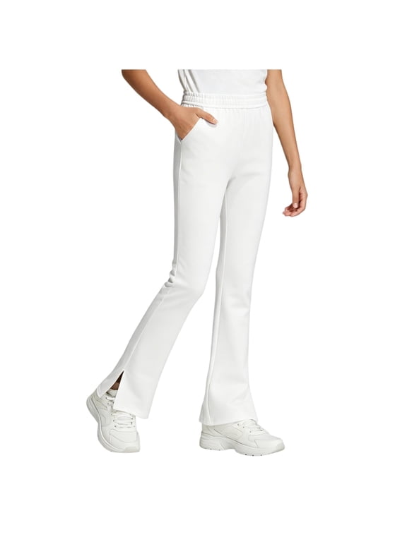 Girls Split Hem Flare Yoga Pants Kids Cotton Blend Bell Bottom Trousers High Waisted Solid Color Casual Daily Wear Long Pants,White