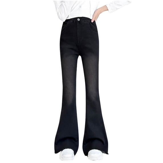 ZACPNCV Girls Stretch Flare Jeans Crossover Waist Denim Pants Exercise Basics Slim Casual Streetwear Black 12-13 Years
