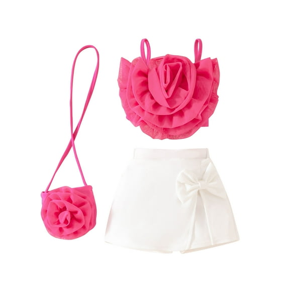 ZACPNCV Girls Summer 2 Piece Outfit Ribbed Ruffle Cap Sleeve Sleeveless Top and Bow Front Skort Shorts Set Kids Shorts Set Hot Pink 12-18 Months