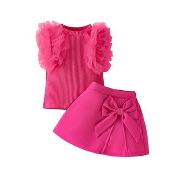ZACPNCV Girls Summer 2 Piece Outfit Ribbed Ruffle Cap Sleeve Sleeveless Top and Bow Front Skort Shorts Set Kids Shorts Set Hot Pink 6-9 Months