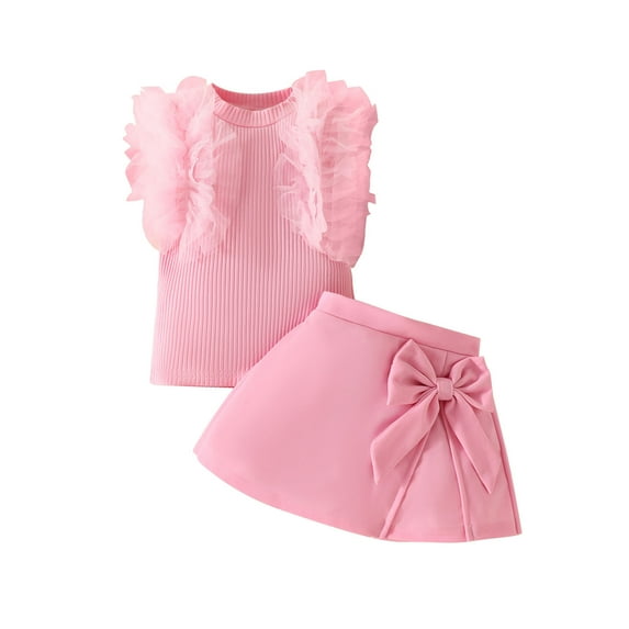 ZACPNCV Girls Summer 2 Piece Outfit Ribbed Ruffle Cap Sleeve Sleeveless Top and Bow Front Skort Shorts Set Kids Shorts Set Pink 9-12 Months