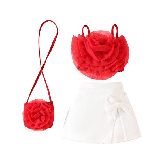 ZACPNCV Girls Summer 2 Piece Outfit Ribbed Ruffle Cap Sleeve Sleeveless Top and Bow Front Skort Shorts Set Kids Shorts Set Red 9-12 Months