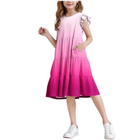 ZACPNCV Girls Summer Boho Sun Dress Flutter Sleeve Tween Ruffles Tiered Dresses Flowy A-Line Sundress Hot Pink 9-10 Years