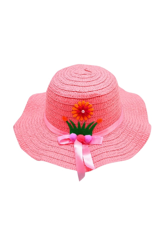 Girls Summer Straw Hat Wide Brim Straw Sun Cap UV Protection Cute Lace Design Beach Hat Pink Free Size