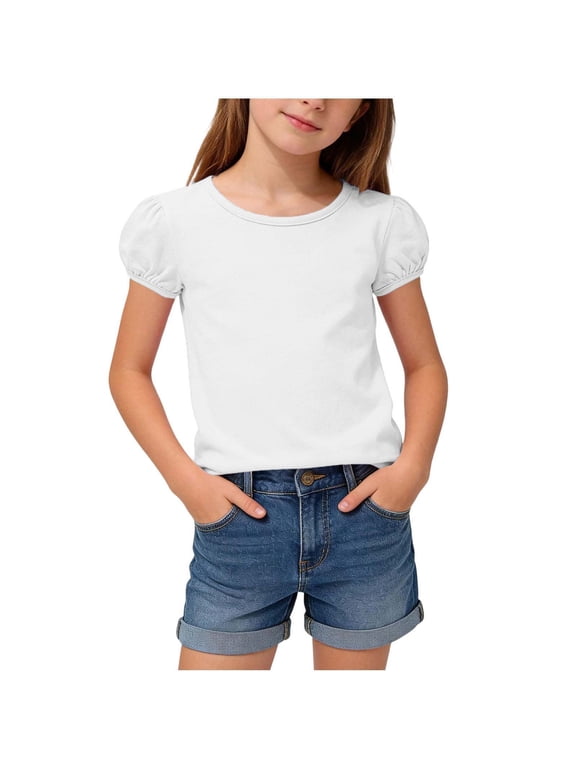 Girls Summer T Shirt Solid Puff Cap Short Sleeve Shirt Crew Neck Soft Stretchy Plain Casual Summer Basic Kids Tee White