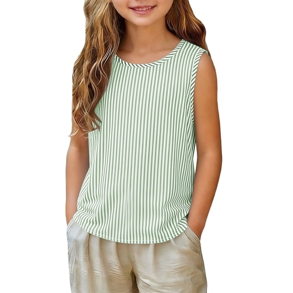 ZACPNCV Girls Tank Tops Kids Cotton Blend Undershirt Summer Cute Striped Sleeveless Top Casual Tee for 4-14Y B-Green