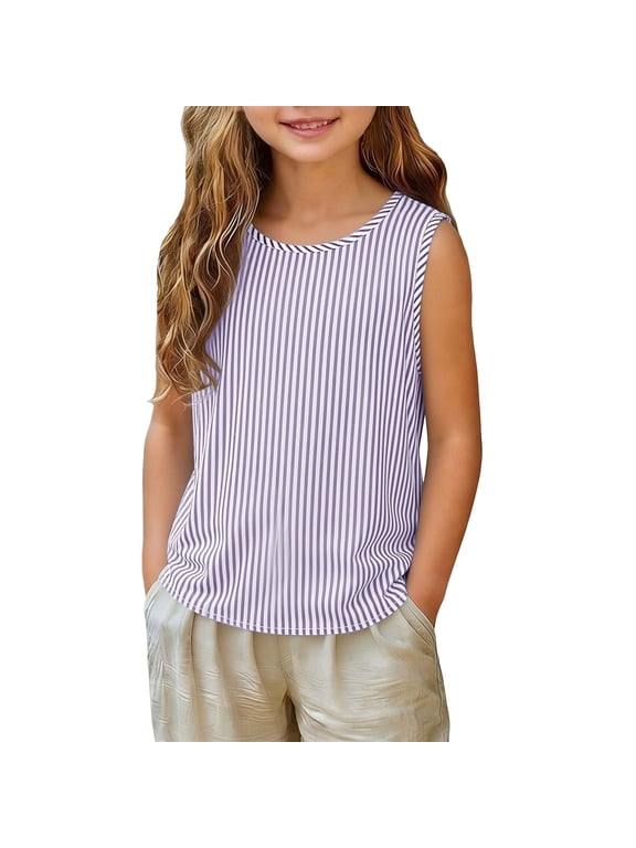 Girls Tank Tops Kids Cotton Blend Undershirt Summer Cute Striped Sleeveless Top Casual Tee for 4-14Y B-Purple