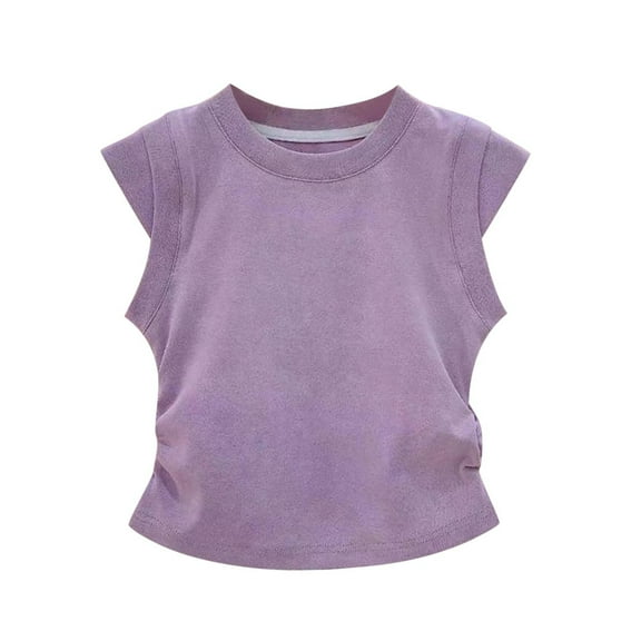 ZACPNCV Girls Tees Shirts Cute Crew Neck Short Sleeve Side Dstring Solid Tops Kids Summer Clothes Purple 2-3 Years