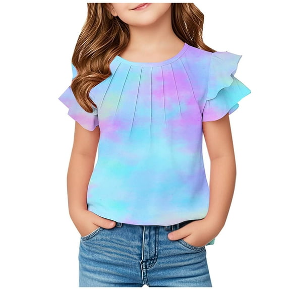 ZACPNCV Girls Tie Dye Ruffle Sleeve Shirt Kids Summer Crewneck Tops Casual Tees Blue 11-12 Years
