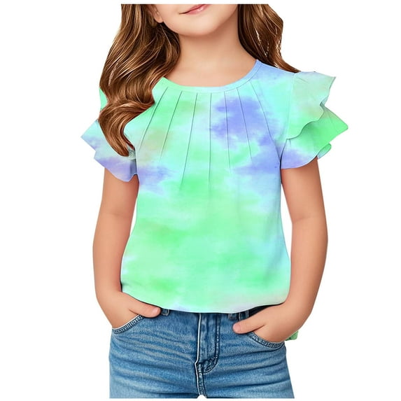 ZACPNCV Girls Tie Dye Ruffle Sleeve Shirt Kids Summer Crewneck Tops Casual Tees Green 10-11 Years