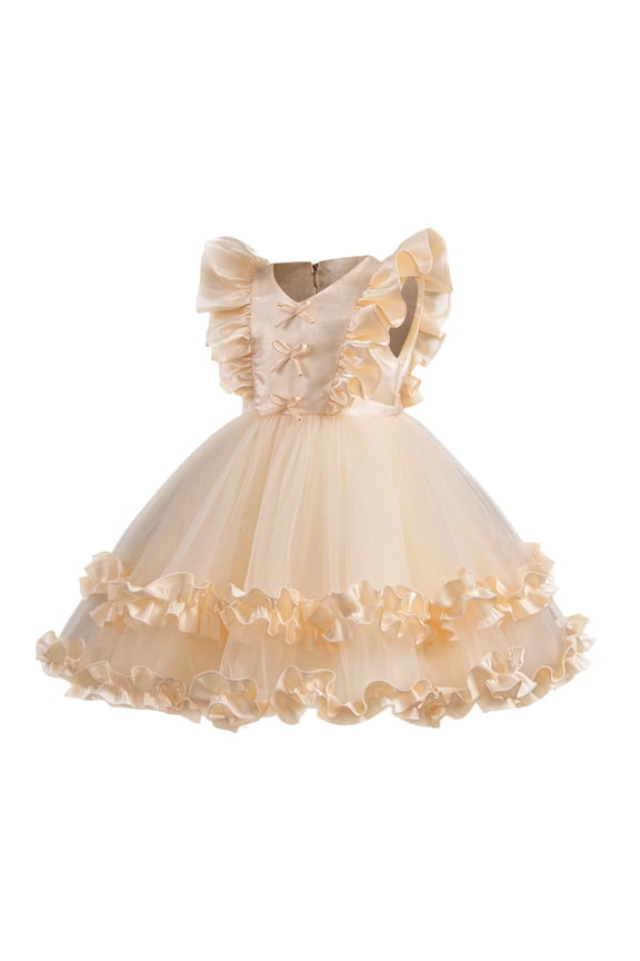 Girls Tutu Dress Irregular Tulle Flutter Sleeve A-Line Princess Gown Flower Girl Birthday Party Ball Gown Beige 3-4 Years