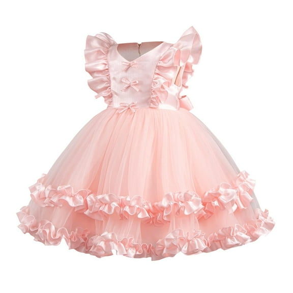ZACPNCV Girls Tutu Dress Irregular Tulle Flutter Sleeve A-Line Princess Gown Flower Girl Birthday Party Ball Gown Pink 8-9 Years