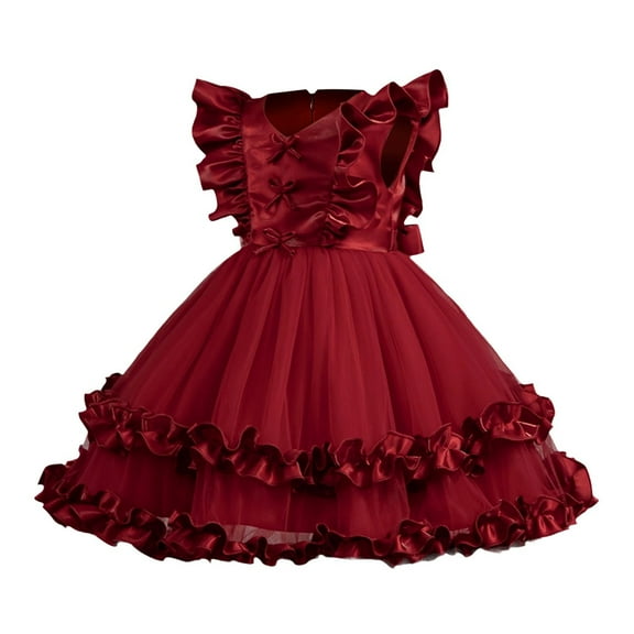 ZACPNCV Girls Tutu Dress Irregular Tulle Flutter Sleeve A-Line Princess Gown Flower Girl Birthday Party Ball Gown Red 4-5 Years
