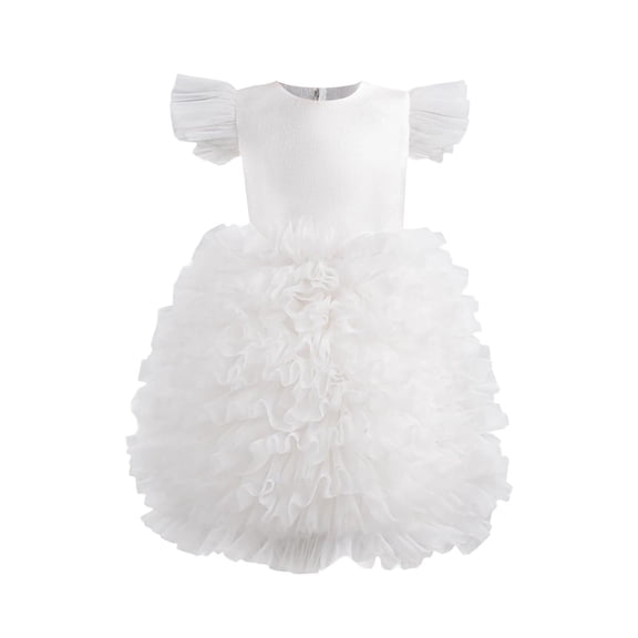 ZACPNCV Girls Tutu Dress Irregular Tulle Flutter Sleeve A-Line Princess Gown Flower Girl Birthday Party Ball Gown White 1-2 Years