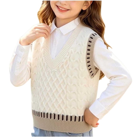 ZACPNCV Girls V-Neck Sweater Vest Contrast Trim Solid Sleeveless Knit Pullover Sweaters Kids Fall Winter Casual Layering Top E-Beige