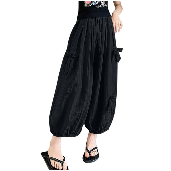 ZACPNCV Girls Wide Leg Pants Casual Flowy Elastic Waist Palazzo Harem Trousers with Pockets Black 12-13 Years