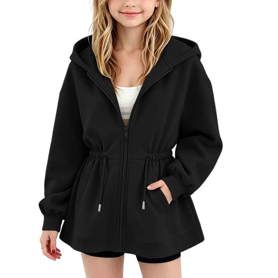 ZACPNCV Girls Zip Up Hoodie Sweatshirt Kids Drawstring Waist Cinched Hoodie Casual Long Sleeve Loose Hooded Sweatshirt Coat with Pockets 9-10 Years
