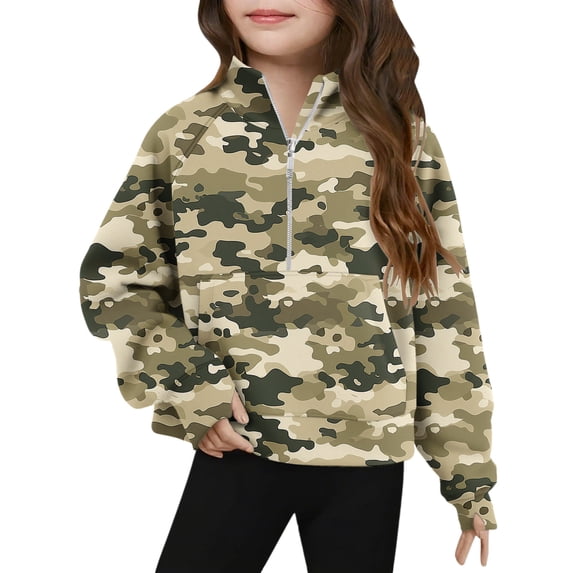 ZACPNCV Half Zip Crop Sweatshirt for Girls Long Sleeve Pulr Tops Kids Lightweight Fleece Winter Clothes Camouflage 11-12 Years