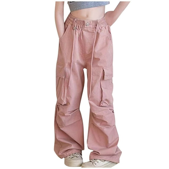 ZACPNCV Hip Hop Dance Cargo Pants for Girls Boys Wide Leg High Elastic Waisted Baggy Jogger Sweatpants Streetwear Active Pants 11-12 Years
