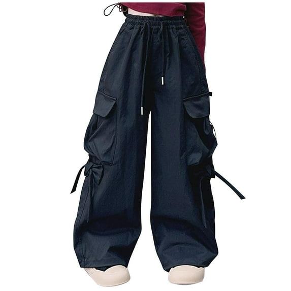ZACPNCV Hip Hop Dance Cargo Pants for Girls Boys Wide Leg High Elastic Waisted Jogger Sweatpants Streetwear Active Pants 11-12 Years