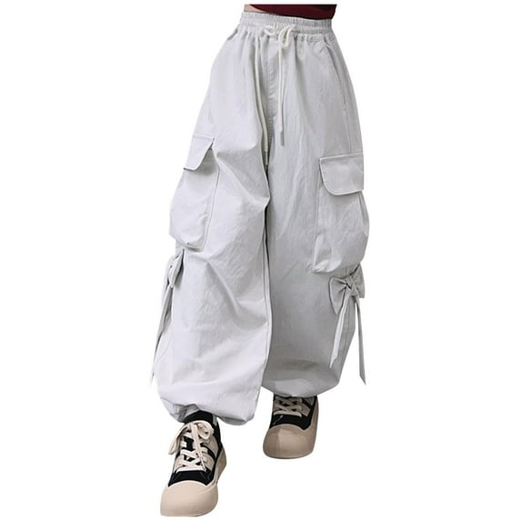 ZACPNCV Hip Hop Dance Cargo Pants for Girls Boys Wide Leg High Elastic Waisted Jogger Sweatpants Streetwear Active Pants 9-10 Years