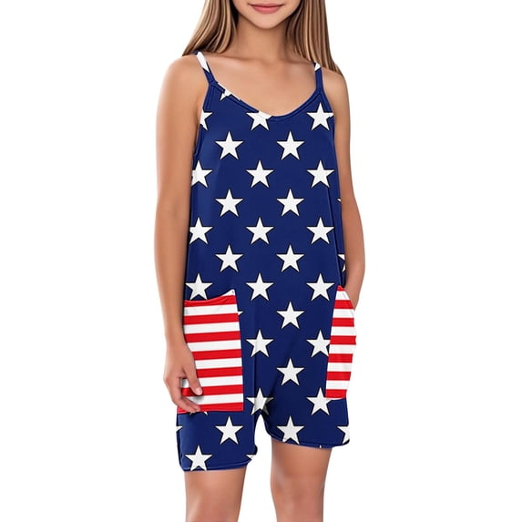 ZACPNCV Independence Day Clothes Girls Sleeveless Jumpsuits Spaghetti Strap Romper Shorts with Pockets Casual Stretchy Short Overalls for Kids Multicolor 11-12 Years