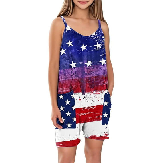 ZACPNCV Independence Day Clothes Girls Sleeveless Jumpsuits Spaghetti Strap Romper Shorts with Pockets Casual Stretchy Short Overalls for Kids Multicolor 13-14 Years