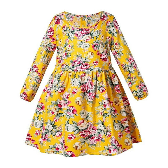 ZACPNCV Infant Baby Girls Long Sleeve Dress Toddler Princess Fall Spring Casual Floral Print Basic Playwear Dresses Outfit Yellow 2-3 Years