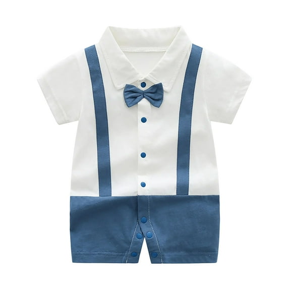 ZACPNCV Infant Newborn Baby Boys Gentleman Suit Bowtie Romper Color Block Short Sleeve Outfids Jumpsuit Clothes Baby Bodysuits Blue 3-6 Months