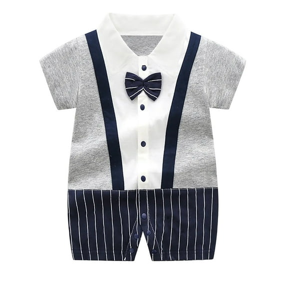 ZACPNCV Infant Newborn Baby Boys Gentleman Suit Bowtie Romper Color Block Short Sleeve Outfids Jumpsuit Clothes Baby Bodysuits Dark Gray 12-18 Months