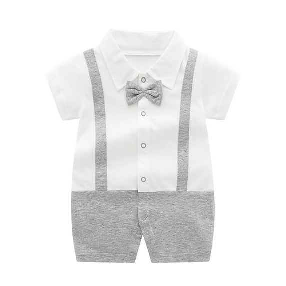 ZACPNCV Infant Newborn Baby Boys Gentleman Suit Bowtie Romper Color Block Short Sleeve Outfids Jumpsuit Clothes Baby Bodysuits Gray 12-18 Months