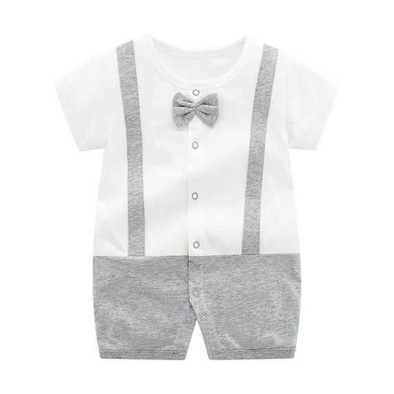 ZACPNCV Infant Newborn Baby Boys Gentleman Suit Bowtie Romper Color Block Short Sleeve Outfids Jumpsuit Clothes Baby Bodysuits Gray 6-9 Months