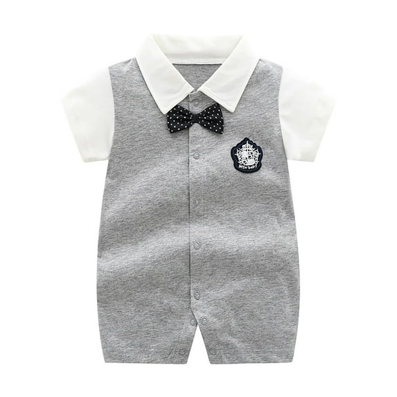 ZACPNCV Infant Newborn Baby Boys Gentleman Suit Bowtie Romper Color Block Short Sleeve Outfids Jumpsuit Clothes Baby Bodysuits Gray 9-12 Months