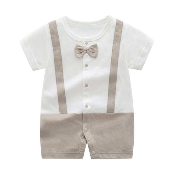 ZACPNCV Infant Newborn Baby Boys Gentleman Suit Bowtie Romper Color Block Short Sleeve Outfids Jumpsuit Clothes Baby Bodysuits Khaki 12-18 Months