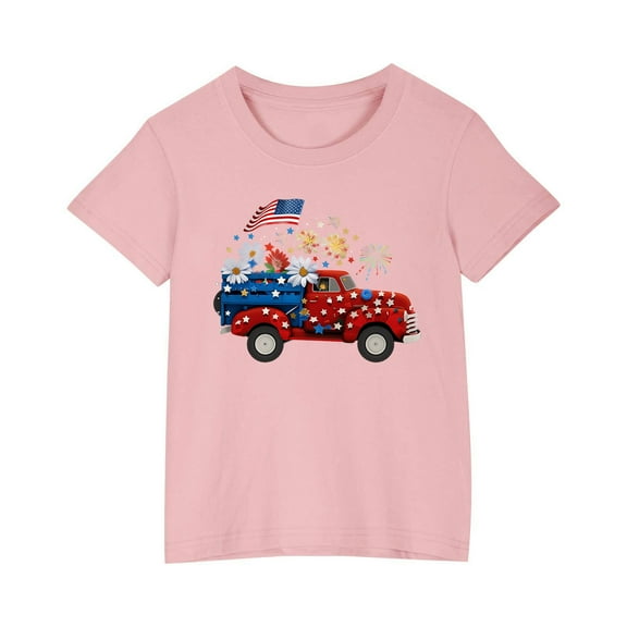 ZACPNCV July 4th Shirts for Boy Girl Crew Neck Short Sleeve Shirt Casual Graphic Patriotic Tunic Tops Summer T Shirts Pink 3-4 Years