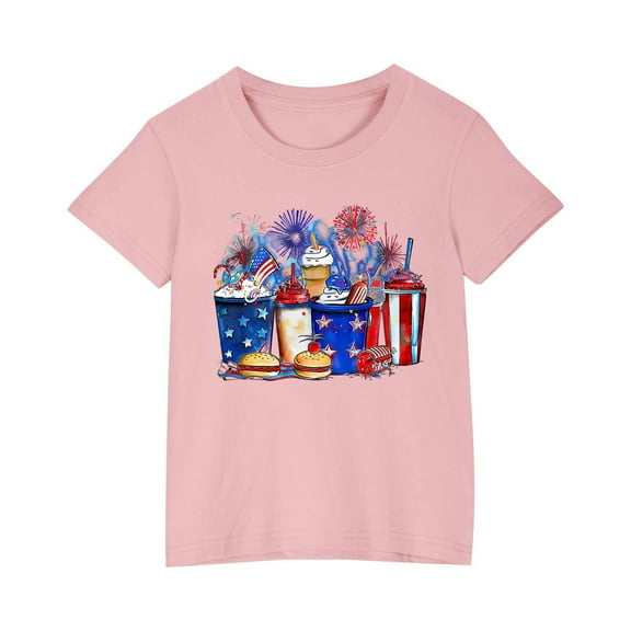 ZACPNCV July 4th Shirts for Boy Girl Crew Neck Short Sleeve Shirt Casual Graphic Patriotic Tunic Tops Summer T Shirts Pink 4-5 Years