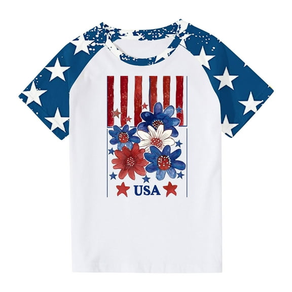 ZACPNCV July 4th Shirts for Kids Boys Girls Flag USA Print Tees Patriotic Casual Short Sleeve Tops Memorial Day Gift T Shirt Blue 7-8 Years