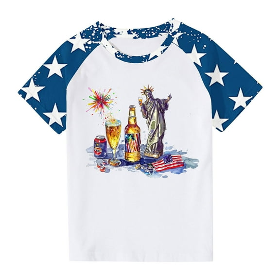 ZACPNCV July 4th Shirts for Kids Boys Girls Flag USA Print Tees Patriotic Casual Short Sleeve Tops Memorial Day Gift T Shirt Blue 7-8 Years